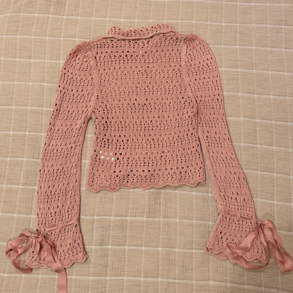 Free People Pink Crochet Knit Top w/ Ribbon Tie Sleeves – XS - Picture 3 of 4